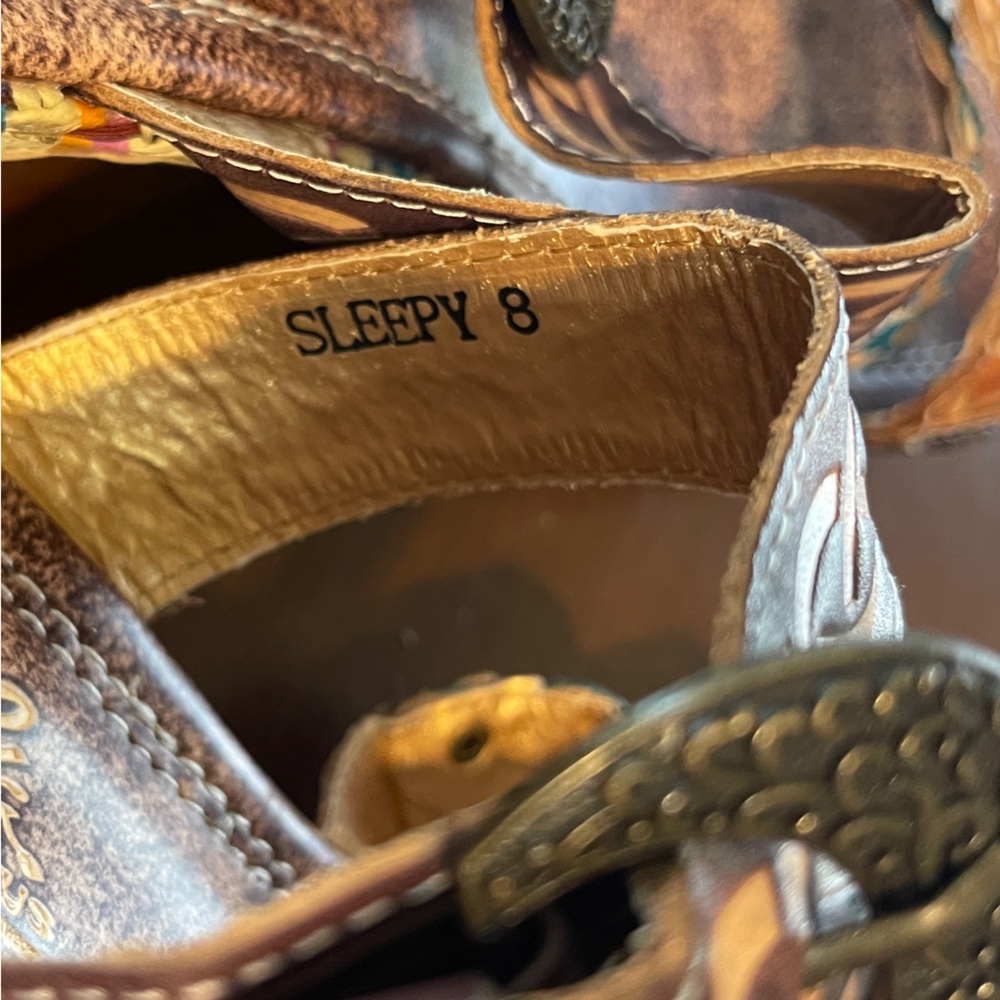 Elite Corkys Poppy Amber Multi Pattern Hand Made Leather Wedge Boho Sandals 8 - Picture 11 of 11